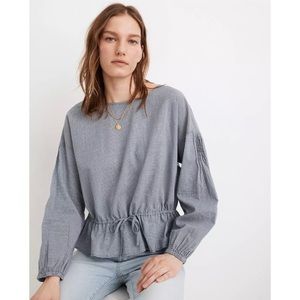 Madewell Blouse Drawstring Peplum Long Sleeve Gingham Indigo M